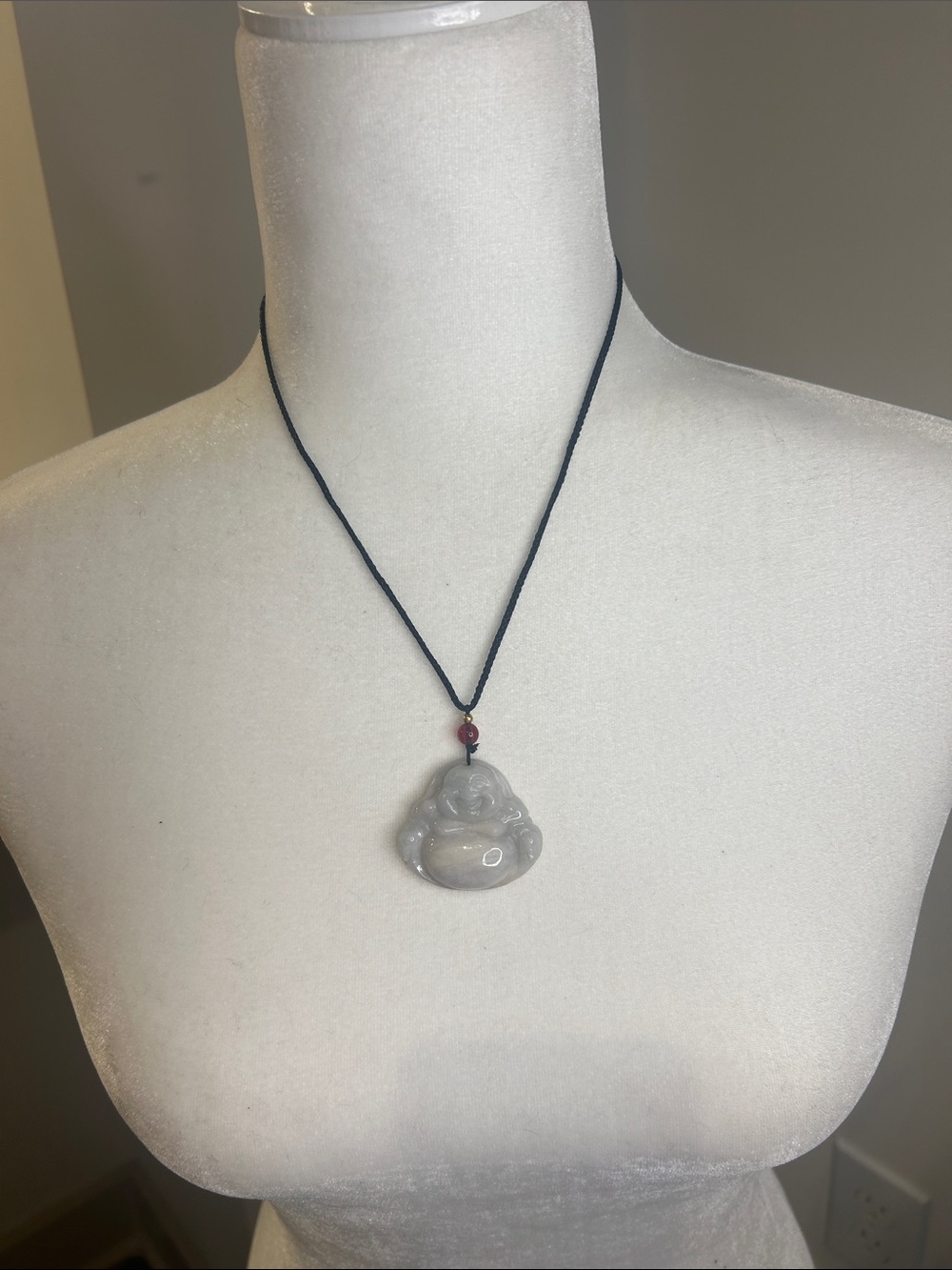 Hand-Carved Gray Yunnan Jade Buddha Pendant with a Unique Red Bead Blk Cord New